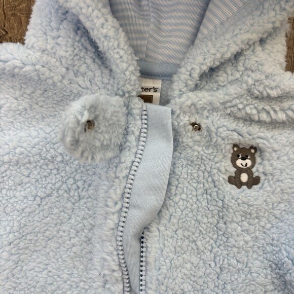 Carter's Baby Boy Bear Pram 3 Month Blue Fuzzy Hooded Comfy Fleece Outdoor Warm - Picture 8 of 11